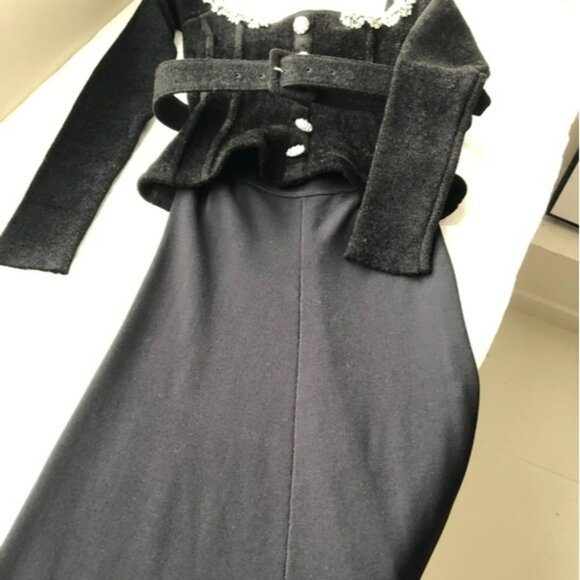 Self-portrait Black Chenille Knit Crystal Trim Midi Dress - Picture 7 of 12